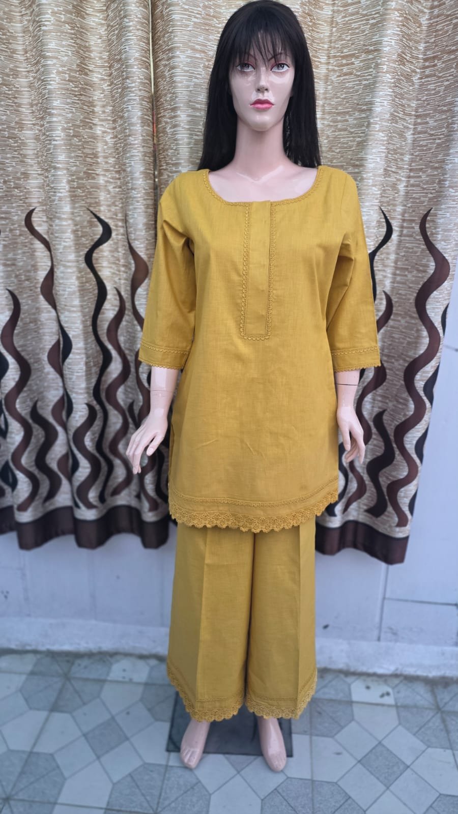 Mustard Lace-Trim Cotton Co-ord Set