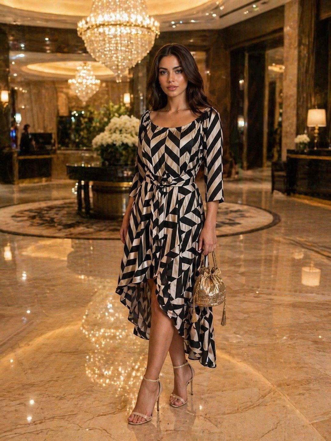 Black and Off-White Geometric High-Low Midi Dress