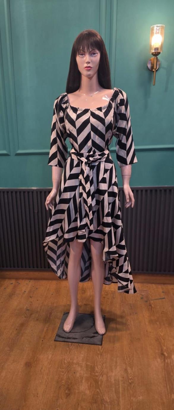 Black and Off-White Geometric High-Low Midi Dress